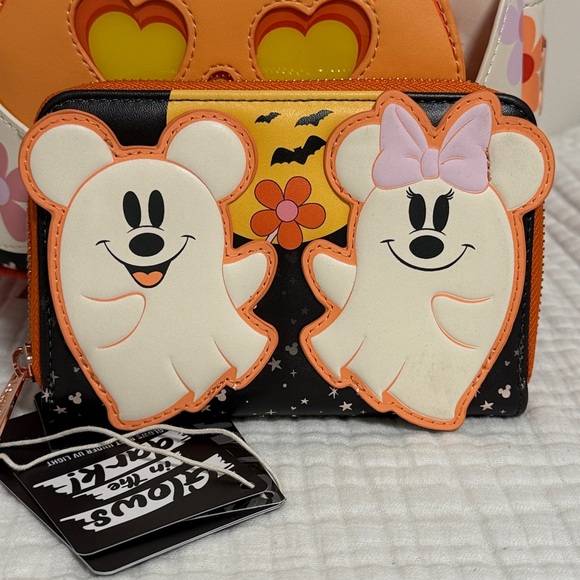 Loungefly Disney Minnie Floral Pumpkin Light-Up Glow-In-The-Dark Backpack SET - Picture 7 of 11